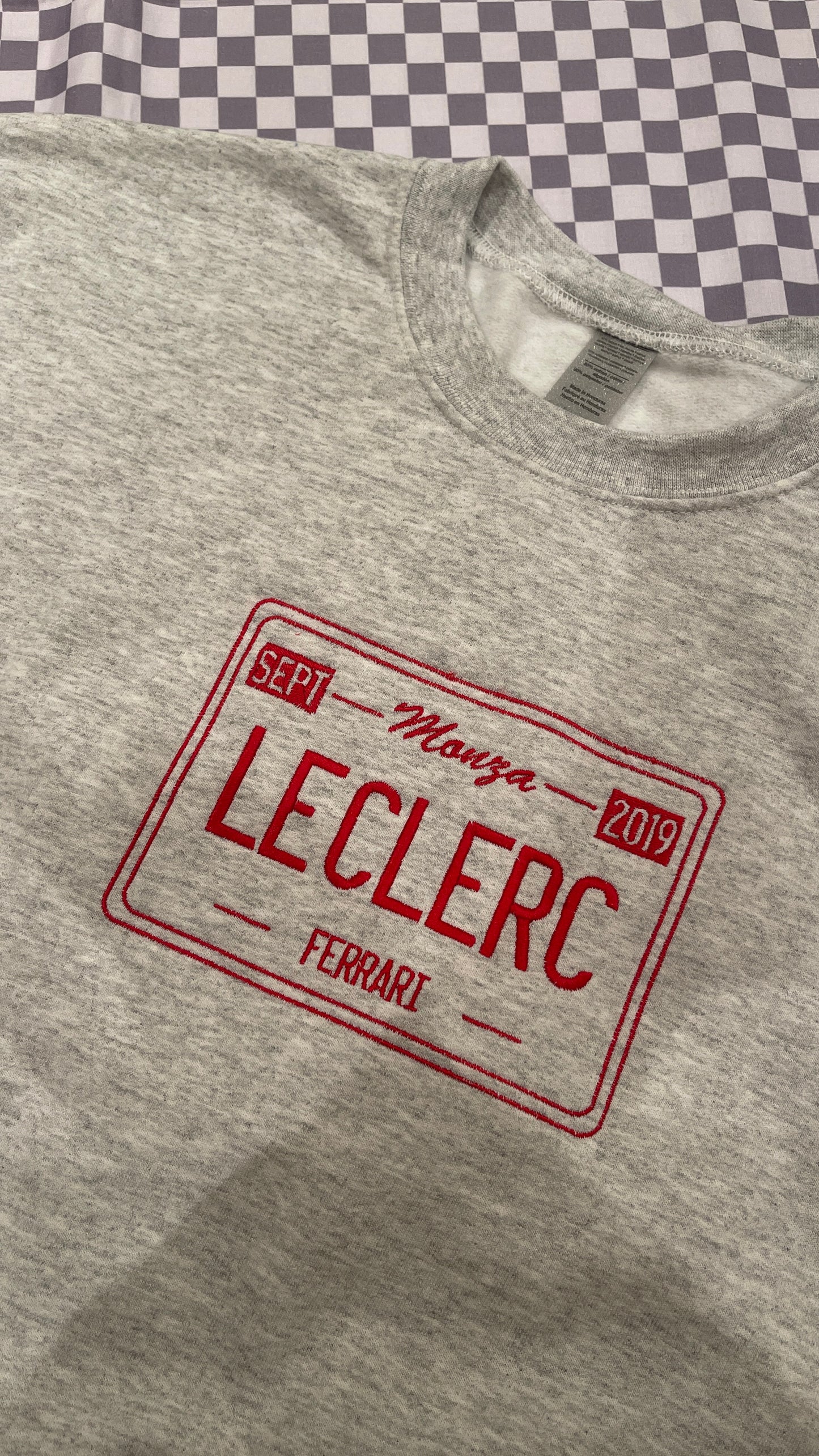 Charles Leclerc Monza 2019 License Plate Embroidered Crewneck with custom coloured embroidery