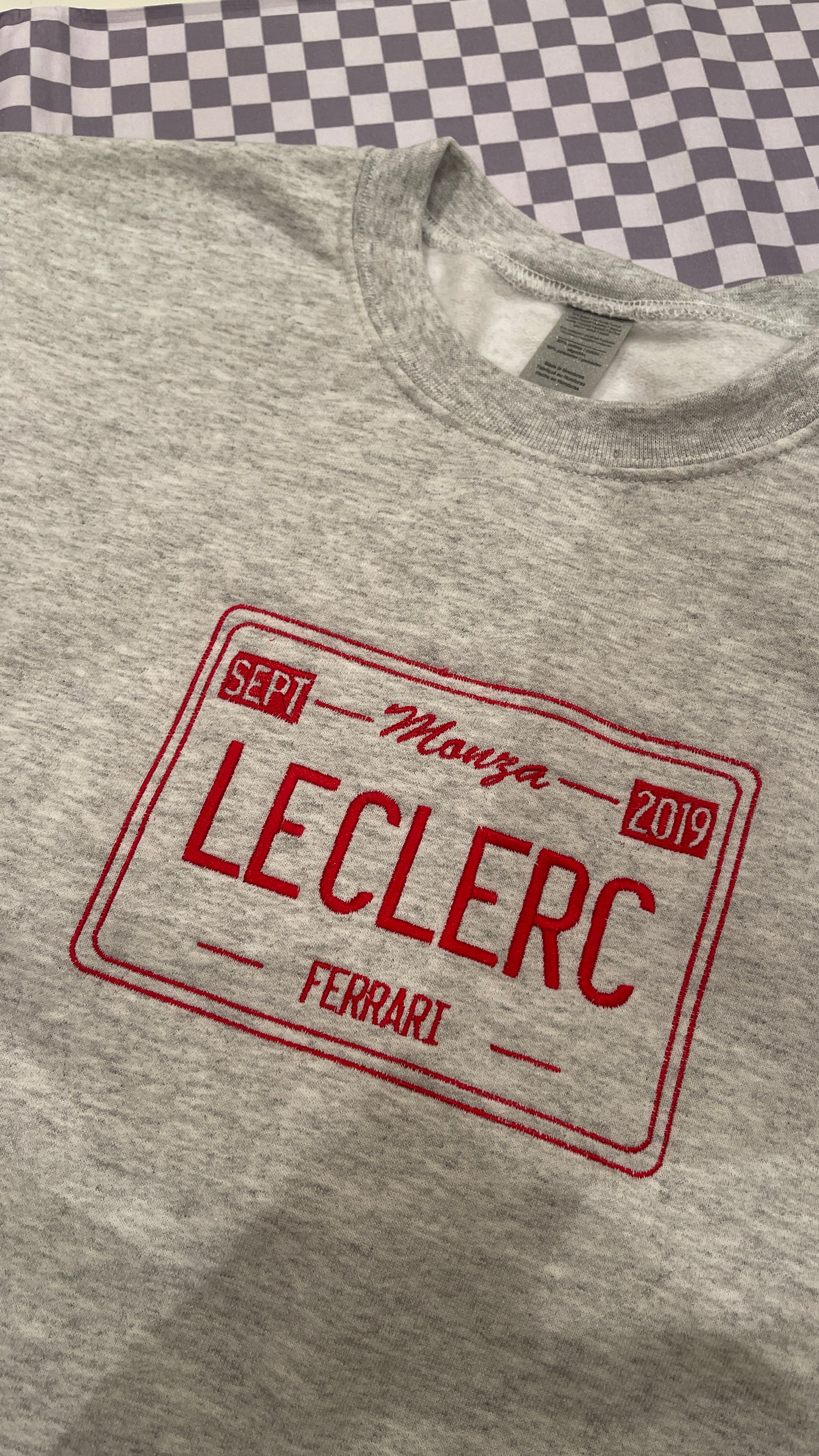 Charles Leclerc Monza 2019 License Plate Embroidered Crewneck with custom coloured embroidery