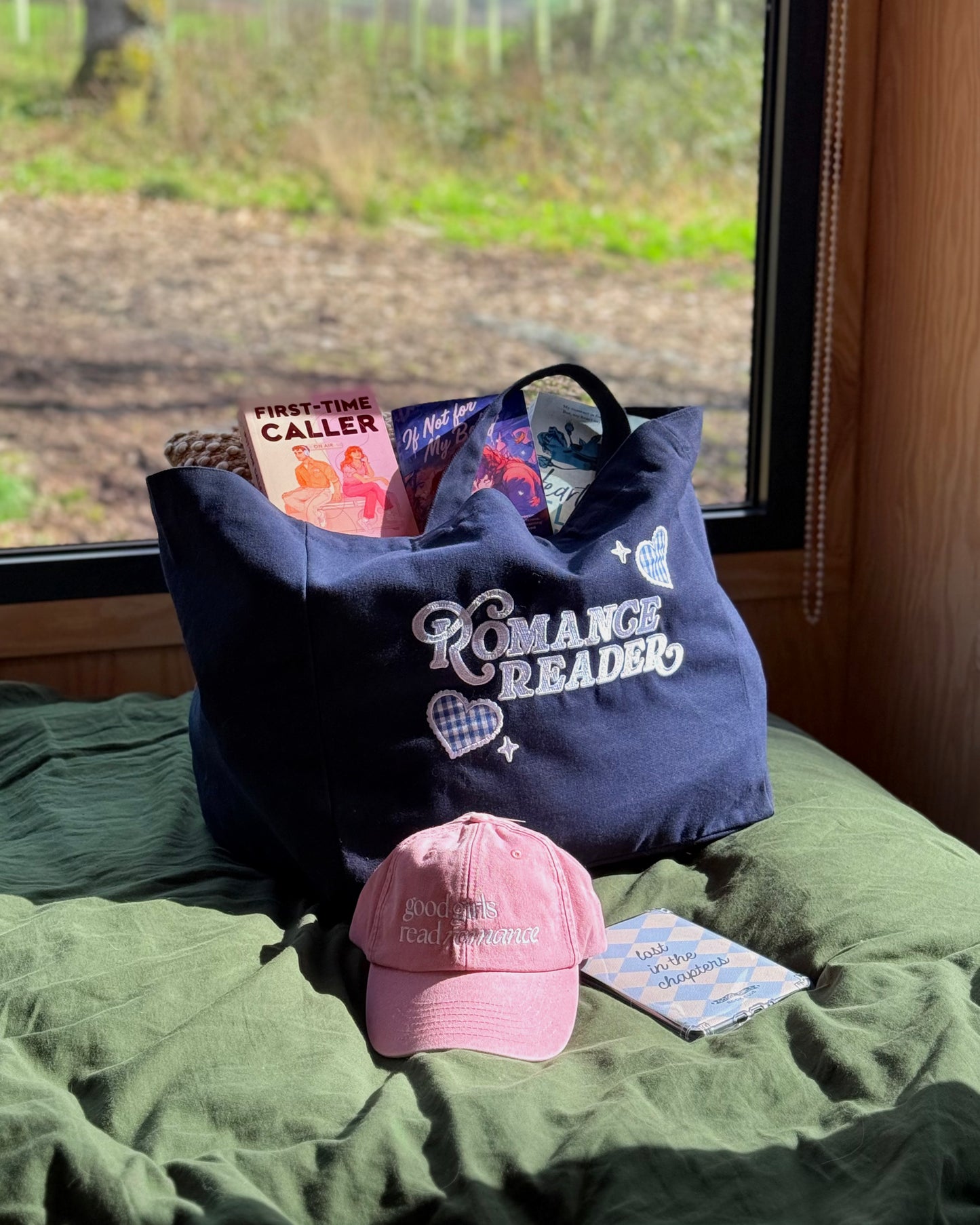 Romance Reader Embroidered Navy Tote Bag