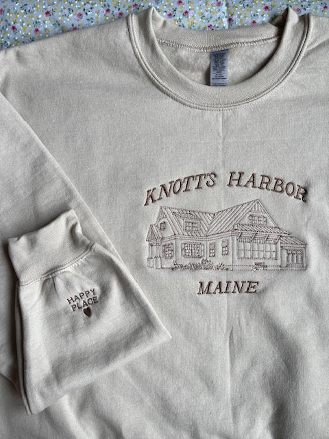 Knott s Harbor Maine Happy Place Embroidered Crewneck with custom