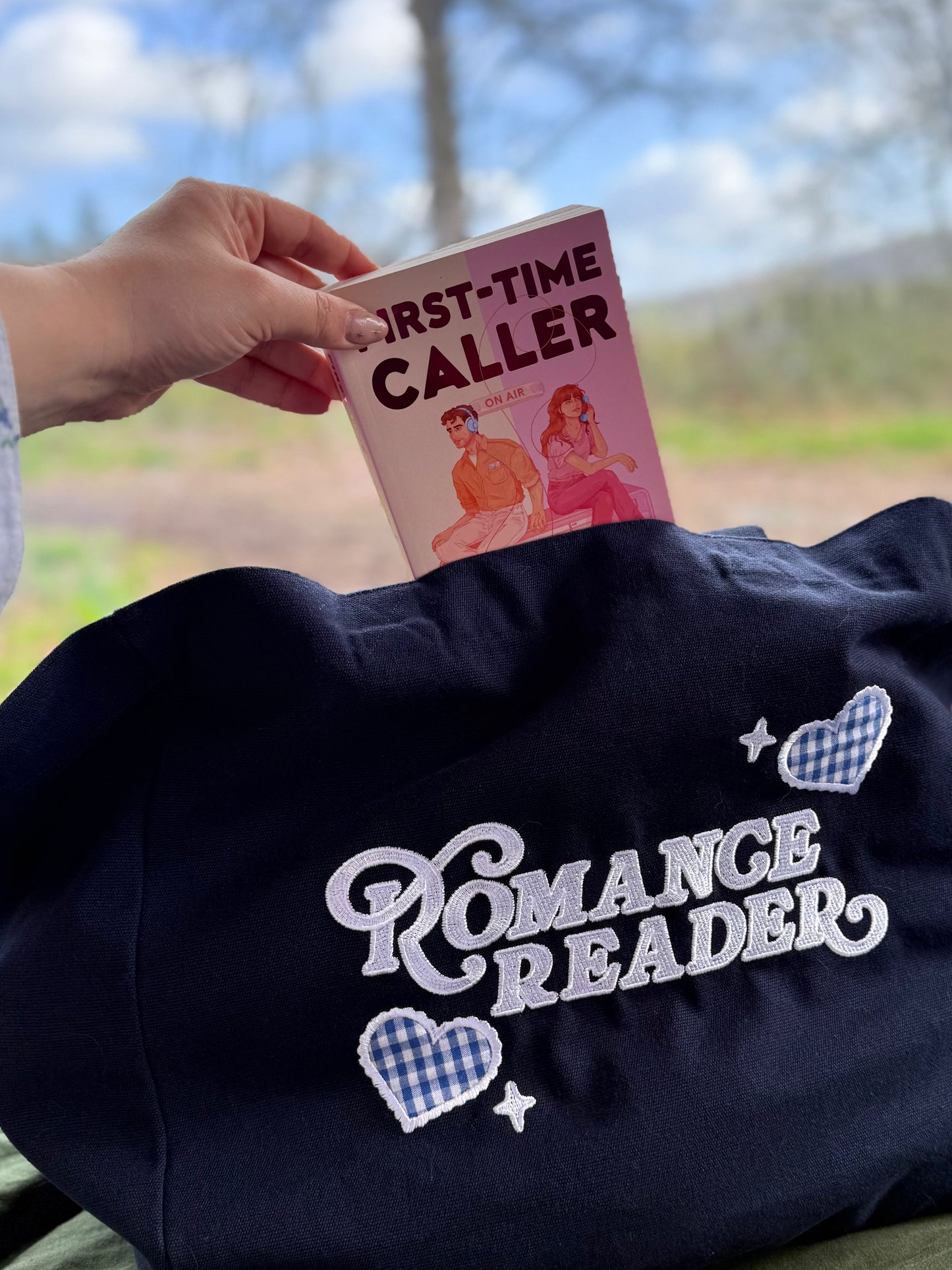 Romance Reader Embroidered Navy Tote Bag