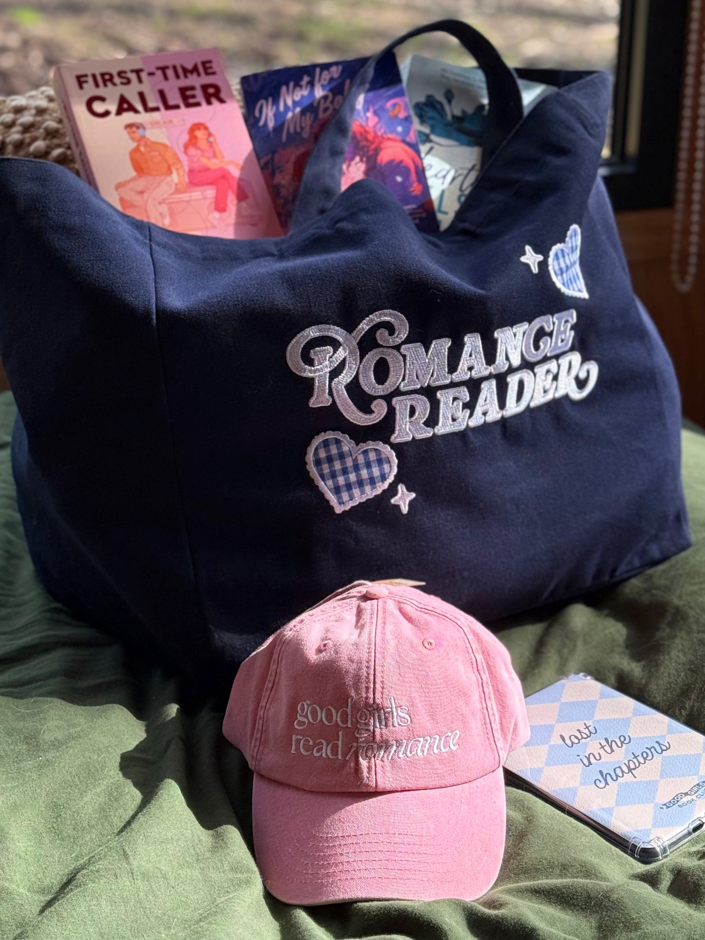 Romance Reader Embroidered Navy Tote Bag