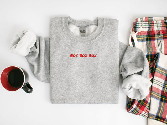 Box Box Box Embroidered Crewneck with custom coloured embroidery